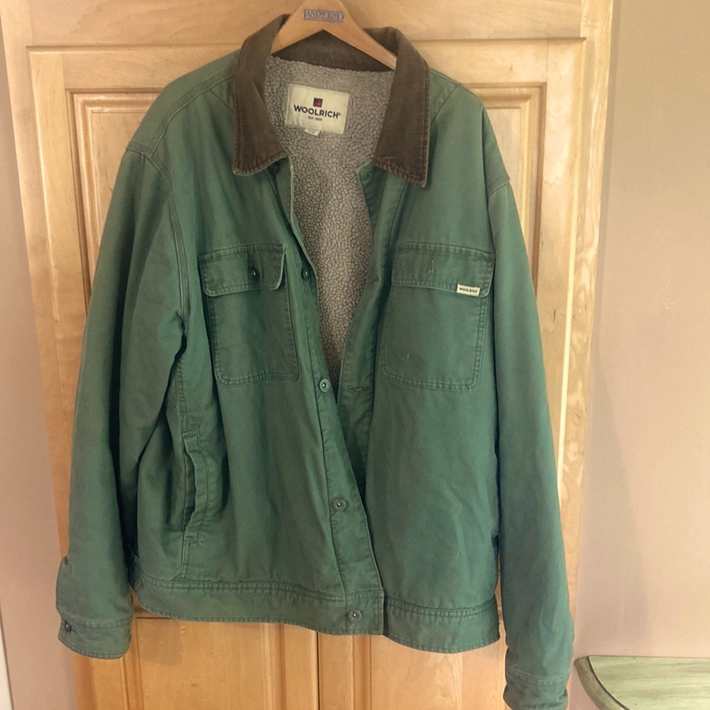 Woolrich green fleece lined corduroy farmhands coat.